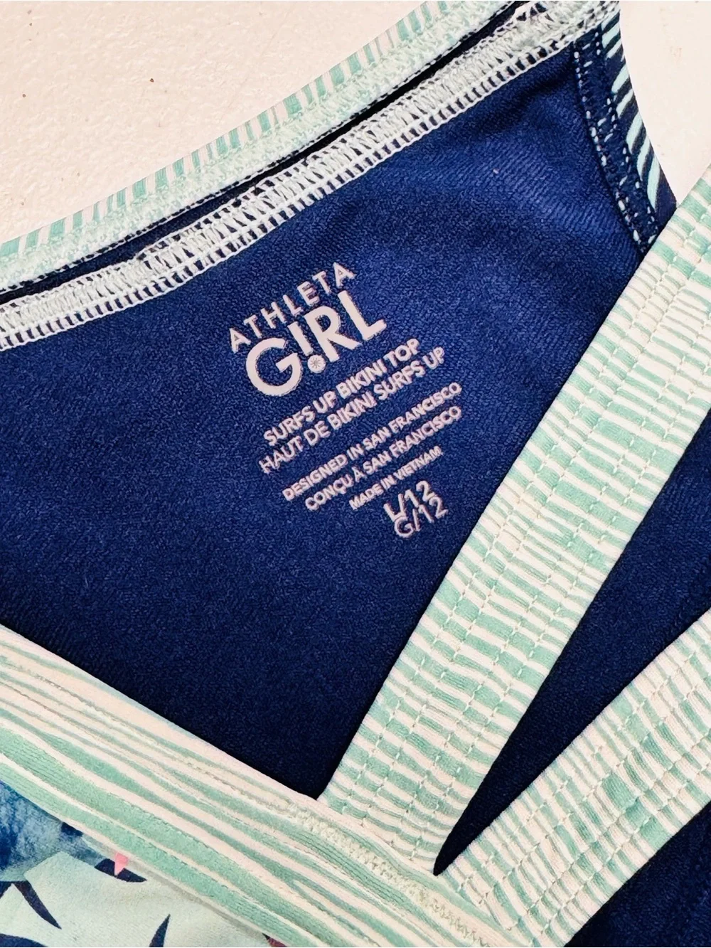 Athleta Girls Teal & Navy Floral Active Bikini Set, youth L (12)